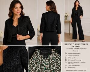 Behnaz Sarafpour for Target Black Textured Cropped Jacket Leopard Lined XS